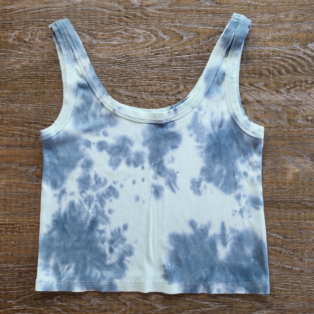 Arizona Jean Co Blue Tie Dye Ribbed Crop Tank Top XL Sleeveless Scoop Neck